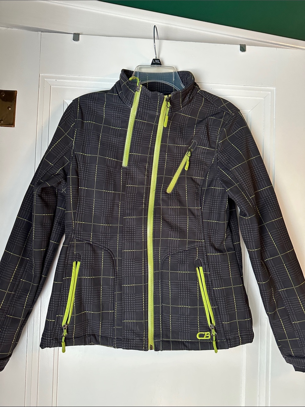 Women’s Black Plaid Ski Jacket with Lime Accents